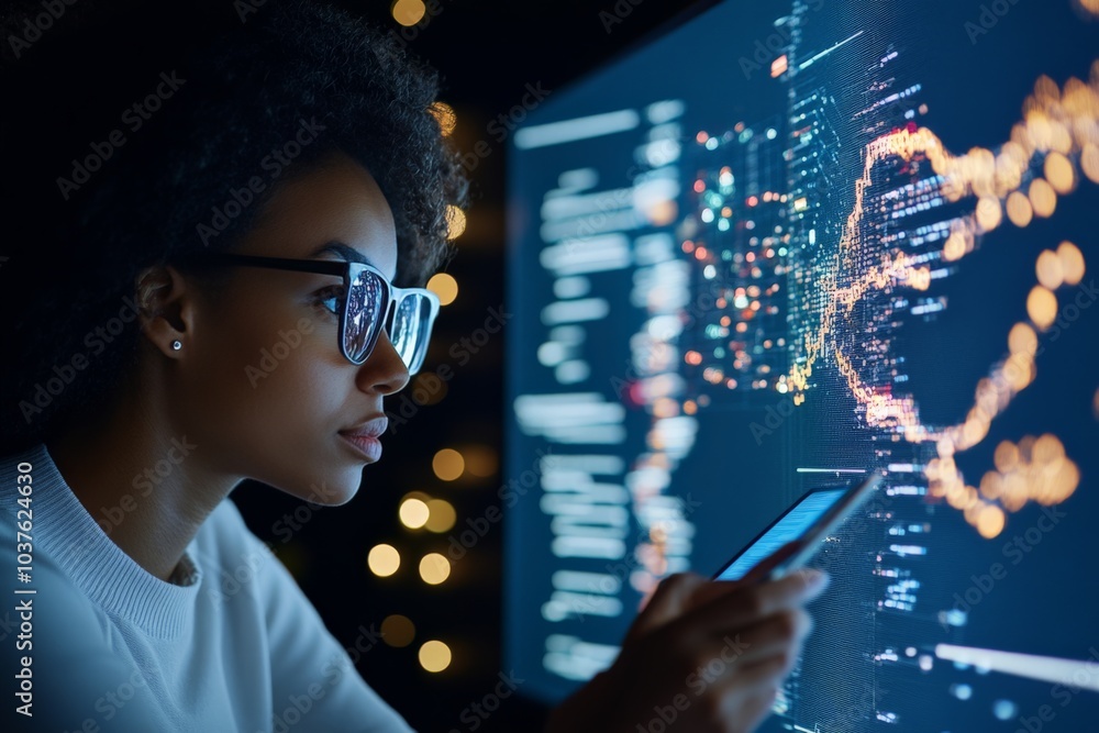 Poster a woman with glasses intensely focuses on analyzing digital data on a large screen, illuminated by g