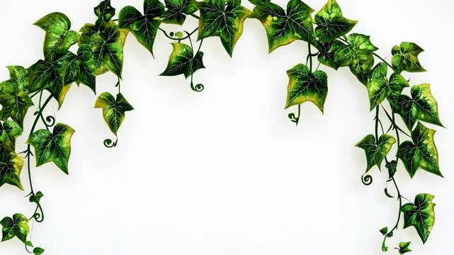 Green ivy vines hang from a white wall