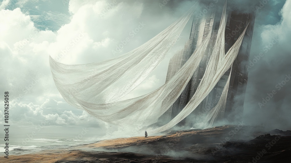 Poster a solitary figure stands before a towering structure draped in flowing fabric amidst clouds.