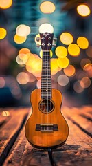Fototapeta premium A small guitar is sitting on a wooden surface