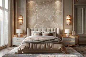 King sized bed brown and white themed bedroom