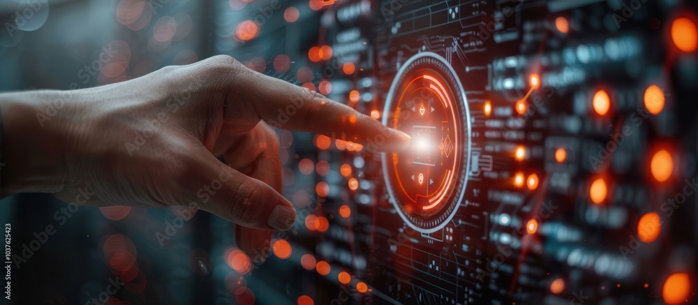 Aufkleber hand reaching out to touch a glowing red circle with a digital interface behind it.