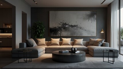 Fototapeta premium living room with elegance and diversity of modern gray color palette. The sofa is upholstered in a luxurious gray fabric. The minimalist design of the room evokes a sense of calm and sophistication.