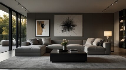 Fototapeta premium living room with elegance and diversity of modern gray color palette. The sofa is upholstered in a luxurious gray fabric. The minimalist design of the room evokes a sense of calm and sophistication.