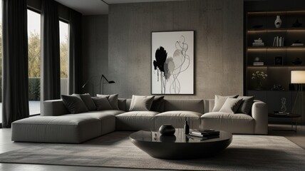 living room with elegance and diversity of modern gray color palette. The sofa is upholstered in a luxurious gray fabric. The minimalist design of the room evokes a sense of calm and sophistication.