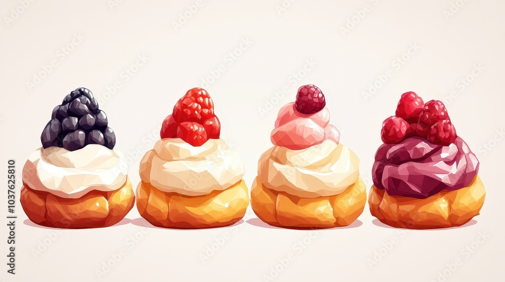 Poster delightful profiteroles - set of 4 playful low poly game icons in minimalist style
