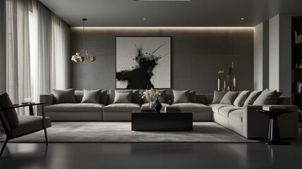 living room with elegance and diversity of modern gray color palette. The sofa is upholstered in a luxurious gray fabric. The minimalist design of the room evokes a sense of calm and sophistication.