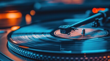 A close-up of a vinyl record spinning on a turntable with a stylus.