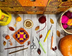 Wooden dot painted drawers with crochet granny square hooks scissors handmade craft autumn vide seasonal photo cosy home 