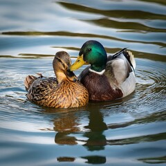 male and female mallard wild duck scient. name Anas platyrhynchos, AI generated