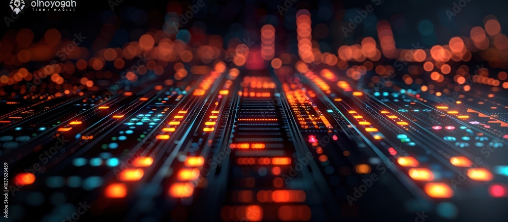 Poster futuristic control panel with glowing buttons and a blurry cityscape in the background.