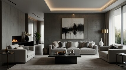 Fototapeta premium living room with elegance and diversity of modern gray color palette. The sofa is upholstered in a luxurious gray fabric. The minimalist design of the room evokes a sense of calm and sophistication.
