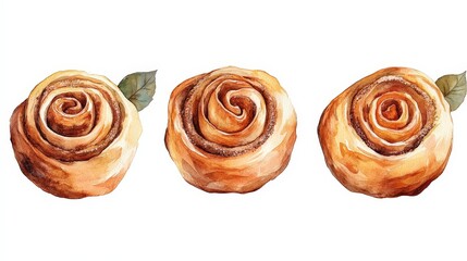Fototapeta premium Vintage Cinnamon Rolls: 17th Century Swedish and American Traditional Treats Watercolor Illustration in Festive Colors on White Background