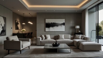 Fototapeta premium living room with elegance and diversity of modern gray color palette. The sofa is upholstered in a luxurious gray fabric. The minimalist design of the room evokes a sense of calm and sophistication.