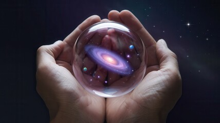 Hands cupping a transparent sphere with stars against black space background