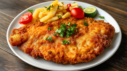 Fototapeta premium Classic wiener schnitzel plate, succulent meat fillet gourmet, authentic German delicious dish, golden dinner meal food, traditional cuisine perfection