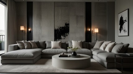 living room with elegance and diversity of modern gray color palette. The sofa is upholstered in a luxurious gray fabric. The minimalist design of the room evokes a sense of calm and sophistication.