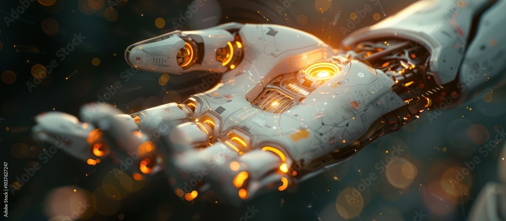 Aufkleber close-up of a robotic hand with glowing lights and intricate mechanisms, set against a dark backgrou