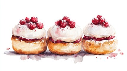 Traditional Swedish Semla Pastry in 17th Century Style Watercolor Illustration with Festive Colors on White Background