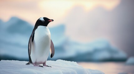 Naklejka premium Penguin on Iceberg at Sunset