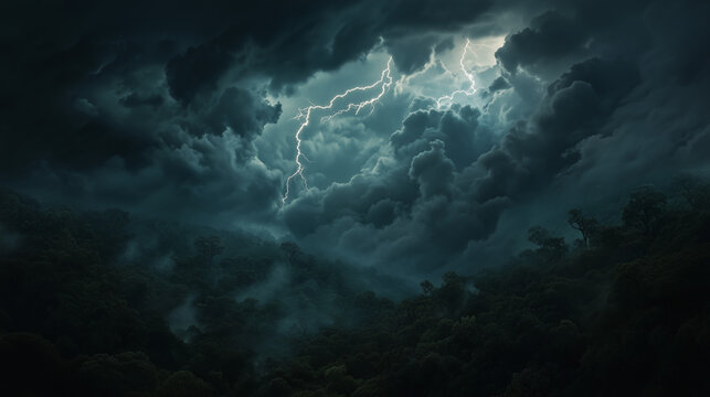 Dark clouds rolling over a dense forest, with lightning illuminating the treetops