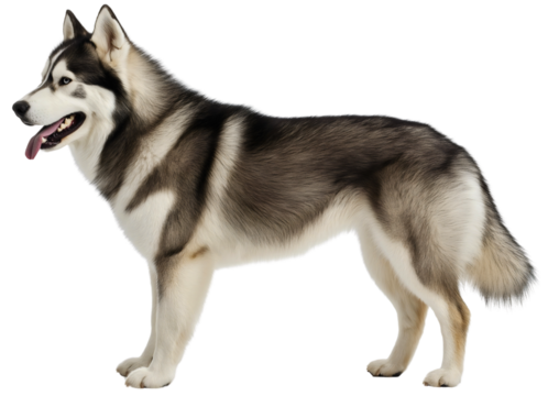 Noble alaskan malamute isolated, majestic standing full length, striking side view arctic, magnificent dog pet husky, regal canine presence