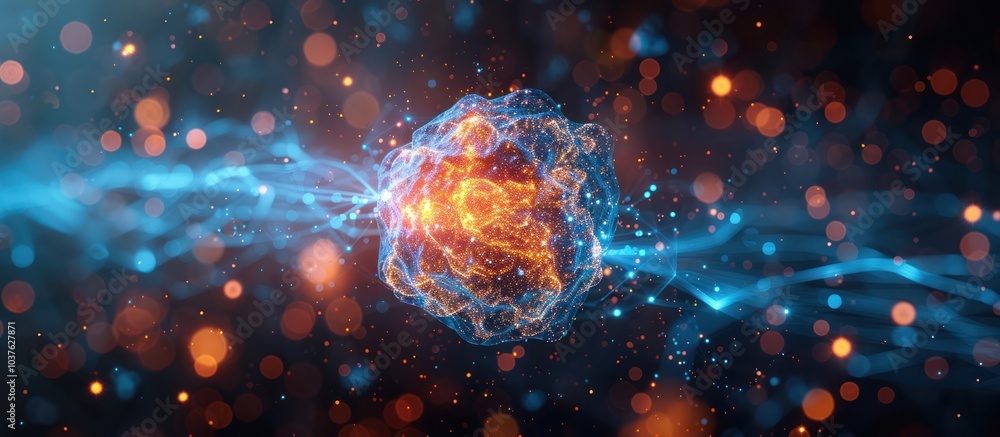 Poster abstract glowing orb with blue and orange light trails on a dark background with bokeh.