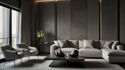 living room with elegance and diversity of modern gray color palette. The sofa is upholstered in a luxurious gray fabric. The minimalist design of the room evokes a sense of calm and sophistication.