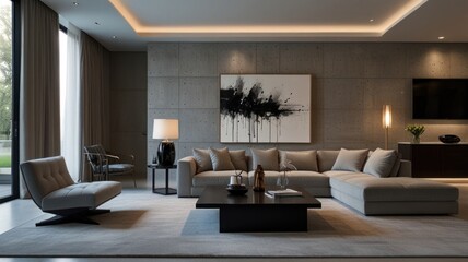 Fototapeta premium living room with elegance and diversity of modern gray color palette. The sofa is upholstered in a luxurious gray fabric. The minimalist design of the room evokes a sense of calm and sophistication.