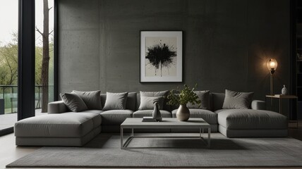 living room with elegance and diversity of modern gray color palette. The sofa is upholstered in a luxurious gray fabric. The minimalist design of the room evokes a sense of calm and sophistication.
