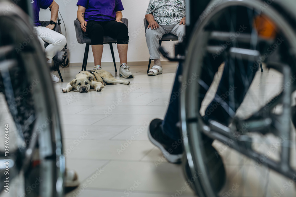 Wall mural a group of residents at a care facility enjoying time together with a friendly dog in a supportive e