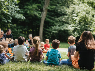 Fototapeta premium Families attending a nature-themed storytelling event in a park