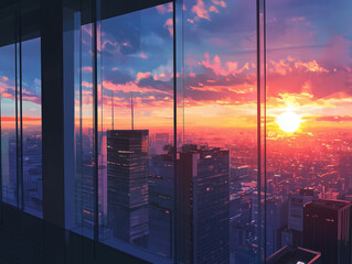 A cityscape viewed from a high-rise window as the sun sets