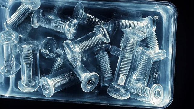 A clear plastic container filled with screws is photographed using X-ray technology