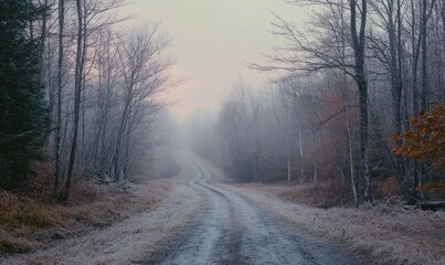 Obraz premium A snowy road with trees in the background