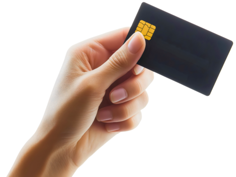 Confident woman hand holding, secure credit card isolated, seamless pay debit buy, efficient purchase transaction card, financial empowerment embodied