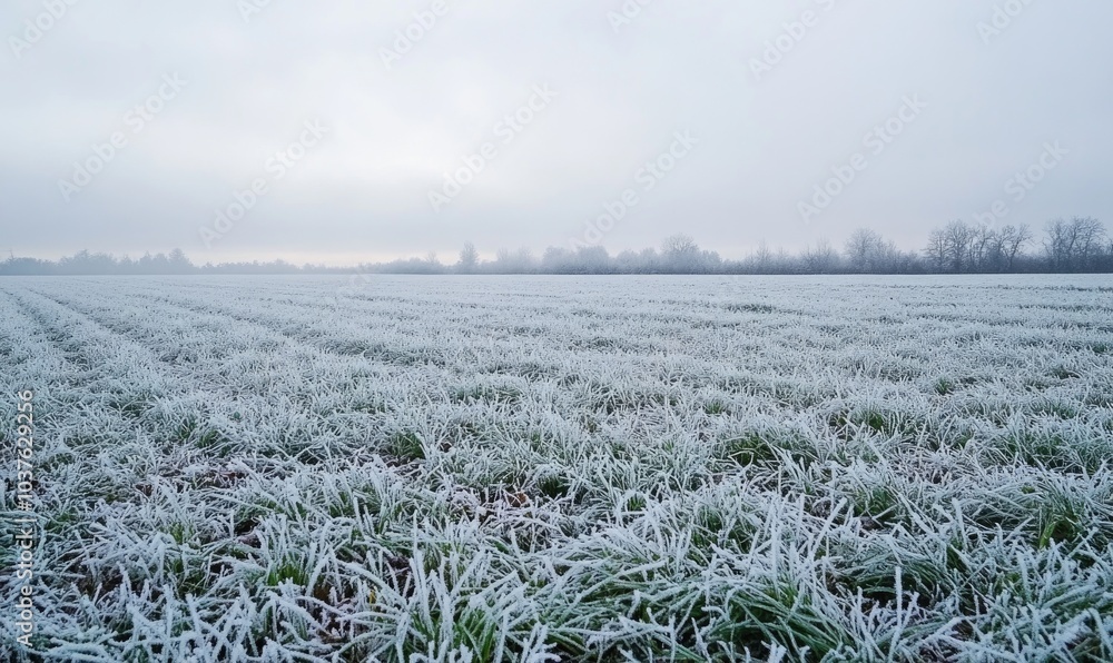 Poster a field covered in snow with a few trees in the background