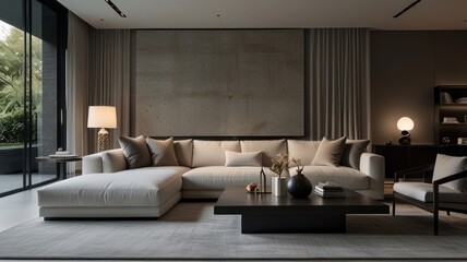 Fototapeta premium living room with elegance and diversity of modern gray color palette. The sofa is upholstered in a luxurious gray fabric. The minimalist design of the room evokes a sense of calm and sophistication.