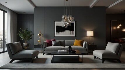 living room with elegance and diversity of modern gray color palette. The sofa is upholstered in a luxurious gray fabric. The minimalist design of the room evokes a sense of calm and sophistication.