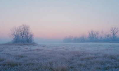 A field of grass covered in frost and a tree in the background
