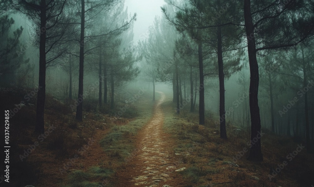 Poster a path through a forest with trees and fog