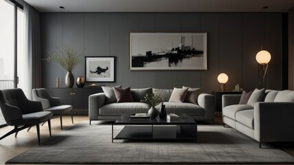 living room with elegance and diversity of modern gray color palette. The sofa is upholstered in a luxurious gray fabric. The minimalist design of the room evokes a sense of calm and sophistication.