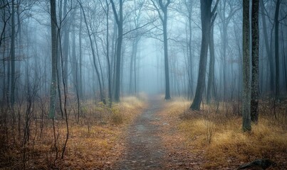 Obraz premium A forest path is shown in the rain, with trees in the background