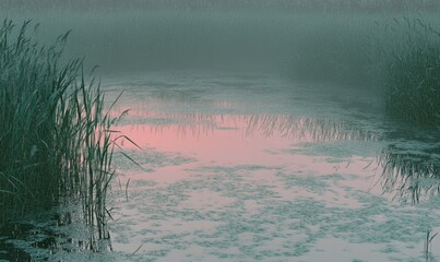 A pond with a pink reflection of the sky