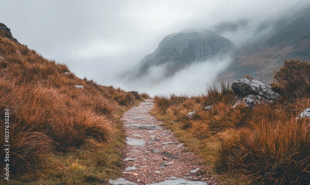Poster a path winds through a grassy field with a mountain in the background