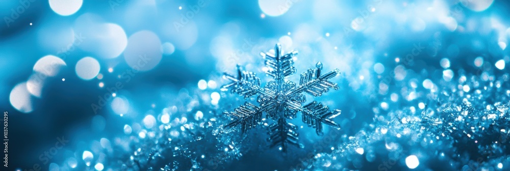 Aufkleber Intricate snowflakes glisten quietly in a tranquil blue atmosphere, creating a mesmerizing display of winter beauty. Generative AI
