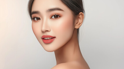 Fototapeta premium Radiant Asian woman with natural makeup in soft lighting studio