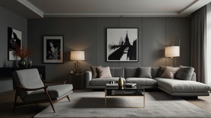 living room with elegance and diversity of modern gray color palette. The sofa is upholstered in a luxurious gray fabric. The minimalist design of the room evokes a sense of calm and sophistication.