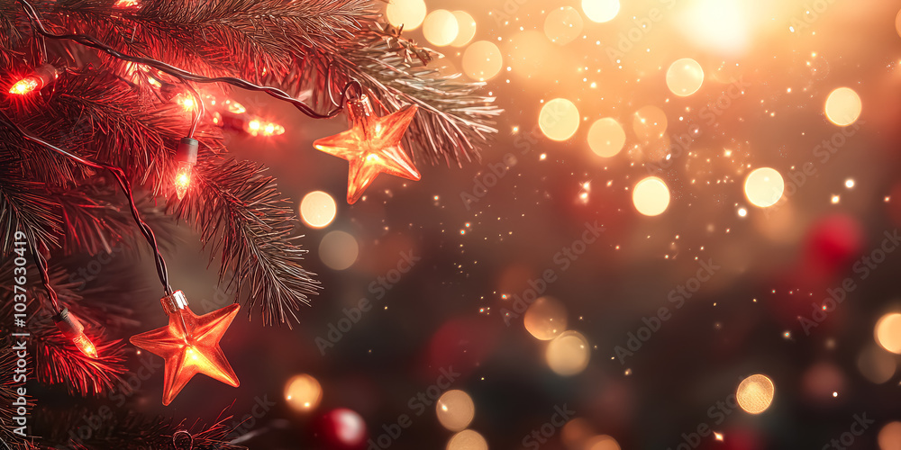 Poster christmas tree with two red stars on it. the stars are lit up and the tree is surrounded by a blurry