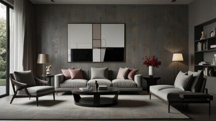 living room with elegance and diversity of modern gray color palette. The sofa is upholstered in a luxurious gray fabric. The minimalist design of the room evokes a sense of calm and sophistication.
